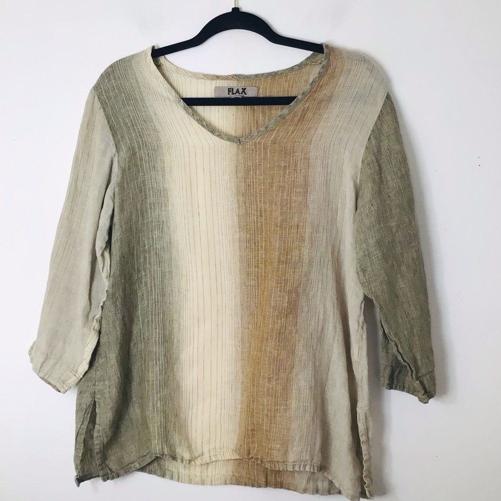 FLAX by Jeanne Engelhart Olive & Cream Striped V-Neck Linen Top
